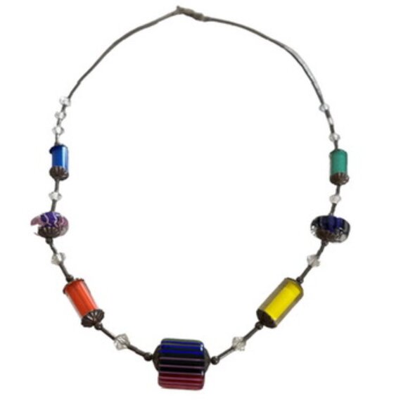 Sterling Silver Beaded Choker Rainbow Art Glass Necklace Modernist Jewelry Artsy - Picture 6 of 13